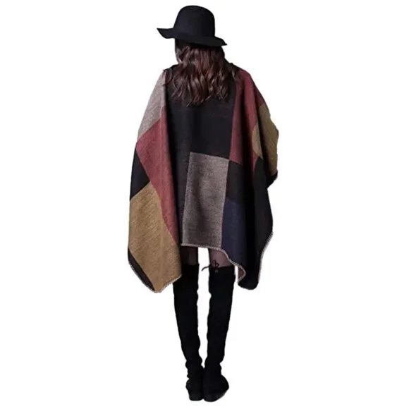 NWT Fall-Colored Plaid Cape, Autumn Winter Shawl, Reversible Wrap, Open Poncho - Picture 3 of 4